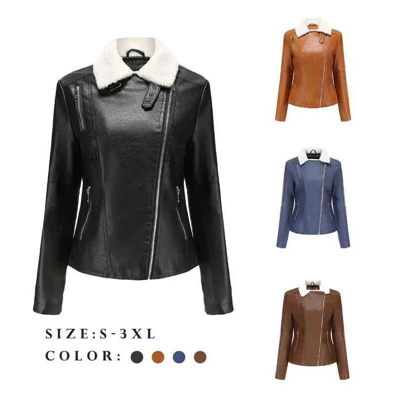 2025 mode Frauen Herbst Winter Fleece Gefüttert Zip Up Revers PU Leder Moto Jacke Mantel Streetwear