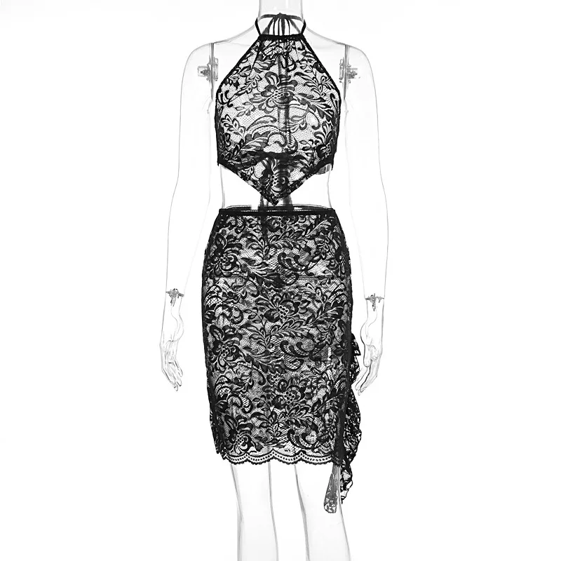 Rok Atasan Halter Renda Leher V Va Va Voom Wanita Baru Musim Panas Eropa dan Amerika Dua Potong Wanita