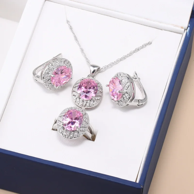 Real Romantic 925 Sterling Silver Cubic Zirconia Crystal Pendant Necklace Earrings Jewelry Set For Women Choker Wedding Ring