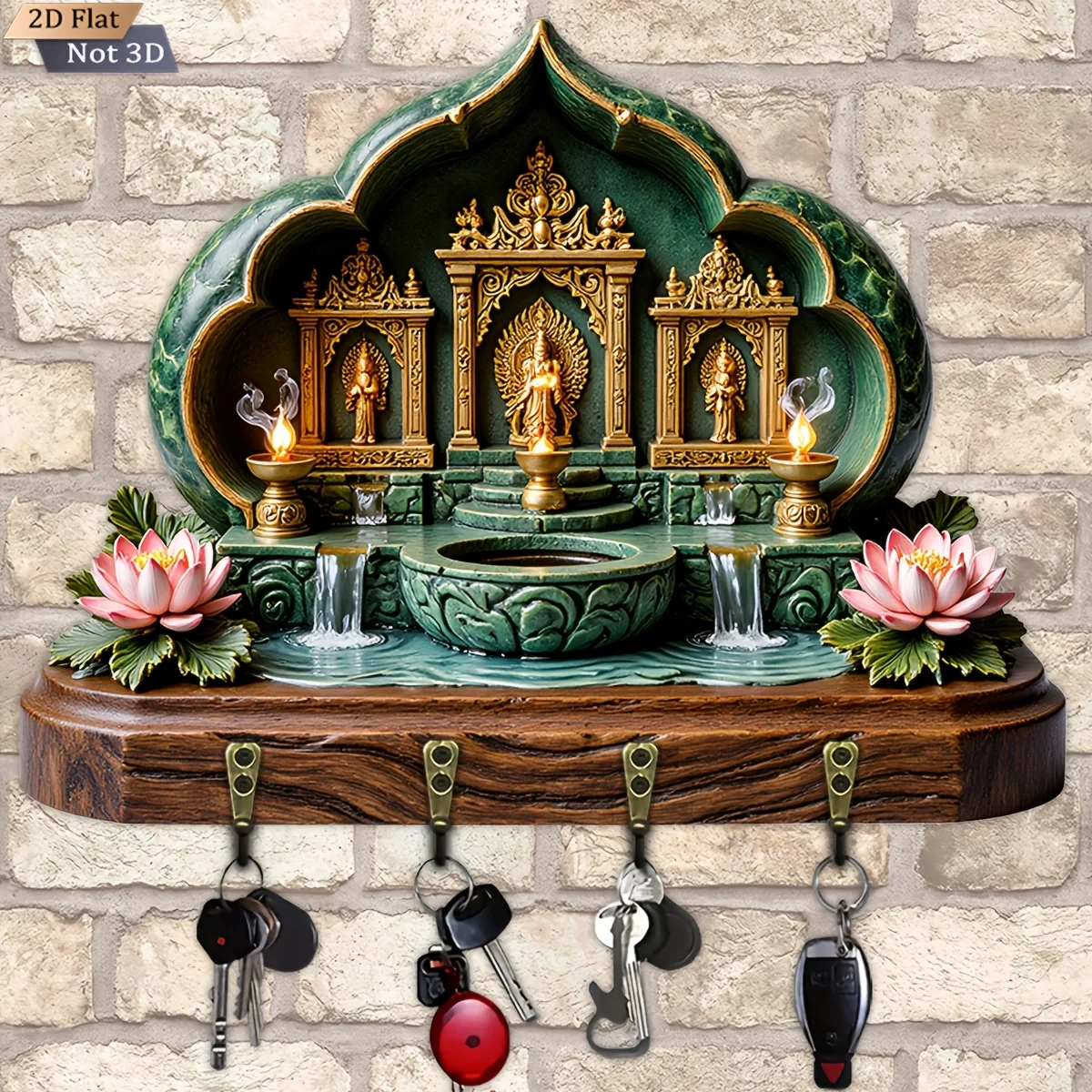 2D Flat, 1pc Niche Lotus Shaped Key Hook Wooden Multifunctional Home Key Rack, with Four Metal Hooks, Wall Decoration, Porch 2D Flat, 1pc Niche Lotus Shaped Key Hook Wooden Multifunctional Home Key Rack, with Four Metal Hooks, Wall Decoration, Porch