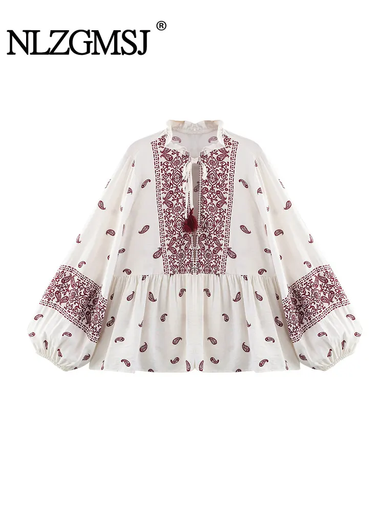 

Лето 2025 г., элегантная блузка с принтом, женская мода, весенние повседневные рубашки и блузки с длинными рукавами для женщин, короткие топы