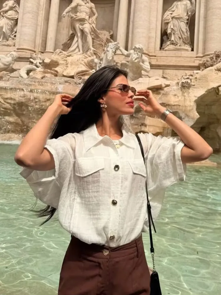 Women's Blouse New 2026 Summer Simple Women Turn-Down Collar Sleeves Button Safari Shirt Female Chic Shirts & Blousers