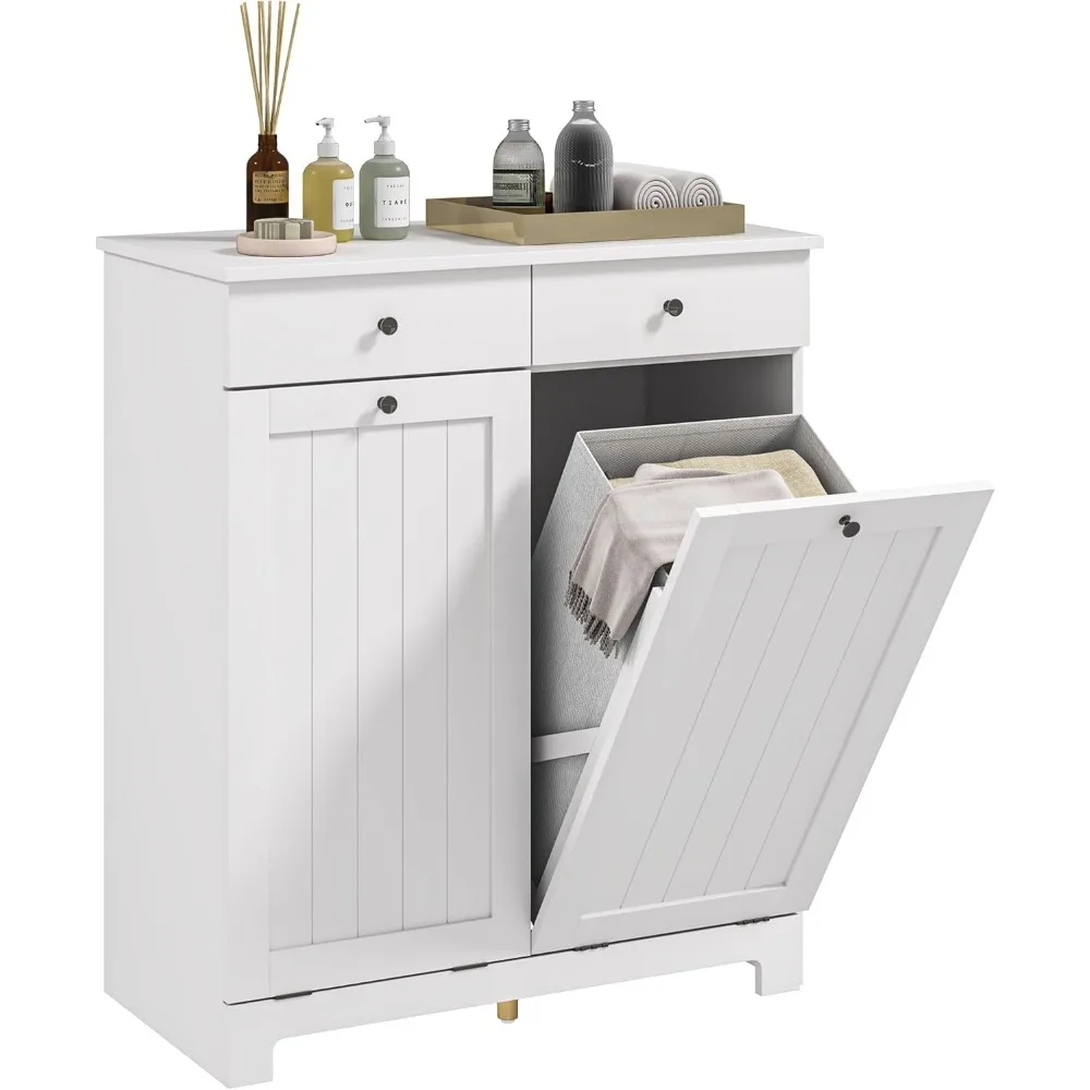 

Laundry Hamper Cabinet with 2 Removable Baskets, Tilt Out Laundry Hamper Cabinet with 2 Drawers and 2 Beadboard Doors, Laundry