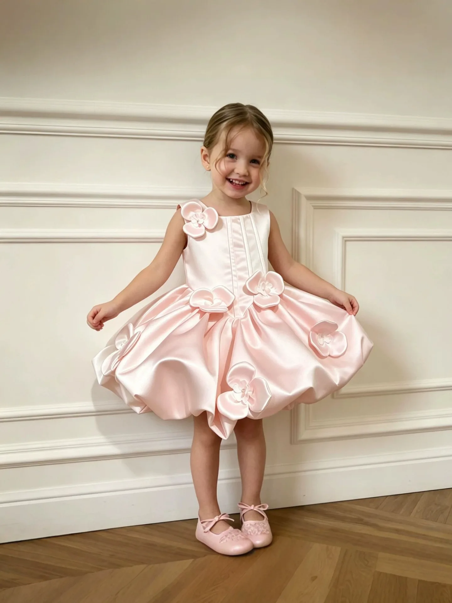 Baby Kids Princess Satin Flowers Pearls Flower Girl Dress Children First Communion Dress Ball Gown Wedding Party Dress Birthday