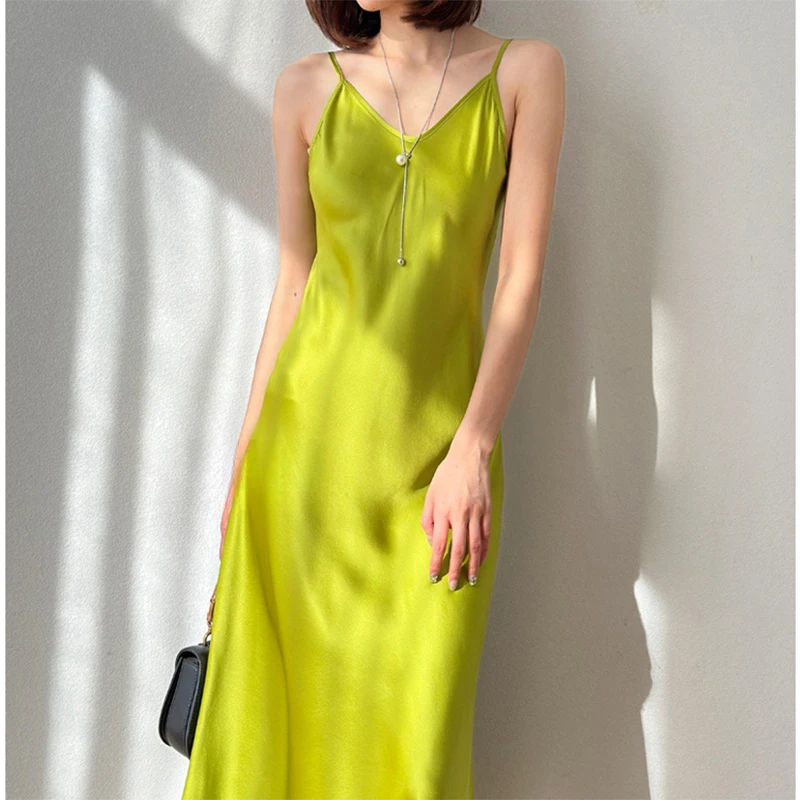 100% Mulberry Silk 21 momme Charmeuse Silk Women Chemise Dress Solid Colors Spaghetti Straps Slip Dress Summer Beach L XL M1333