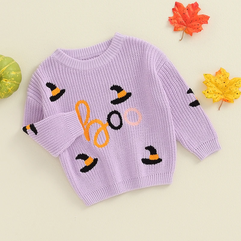 

Toddler Baby Girls Sweater Halloween Clothes Witch Hat Letter Embroidered Long Sleeve Kids Pullovers Fall Winter Tops 0-3Years