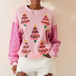 Women Christmas Glitter Patchwork Hoodies Vintage Tshirt Harajuku Long Sleeve Sweatshirt Autumn Winter Streetwear Clothes