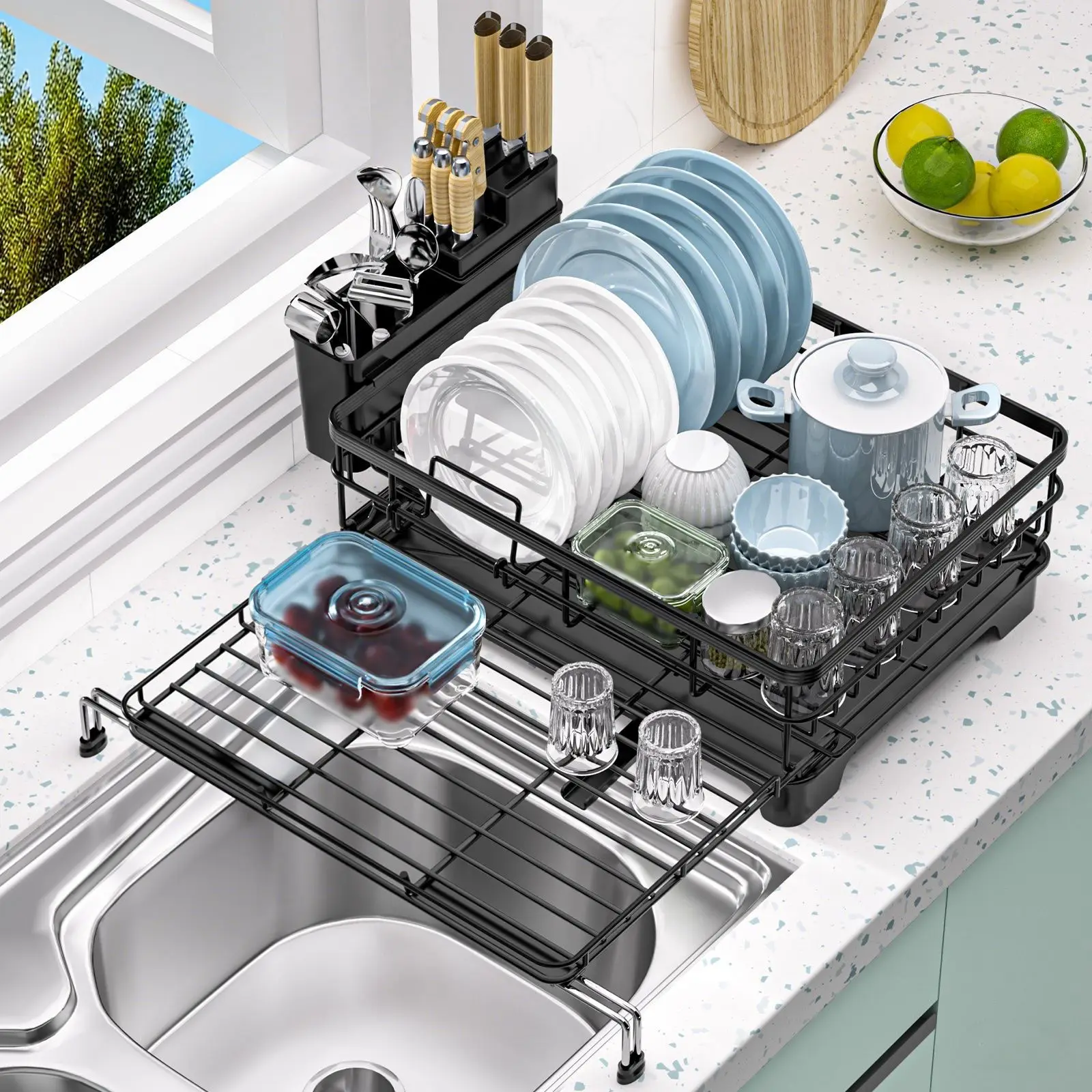 

Expandable Kitchen Dish Drainer Stand Knife Fork and Chopstick Cup Organizer Household Pull out Cutlery Shelf Over The Sink