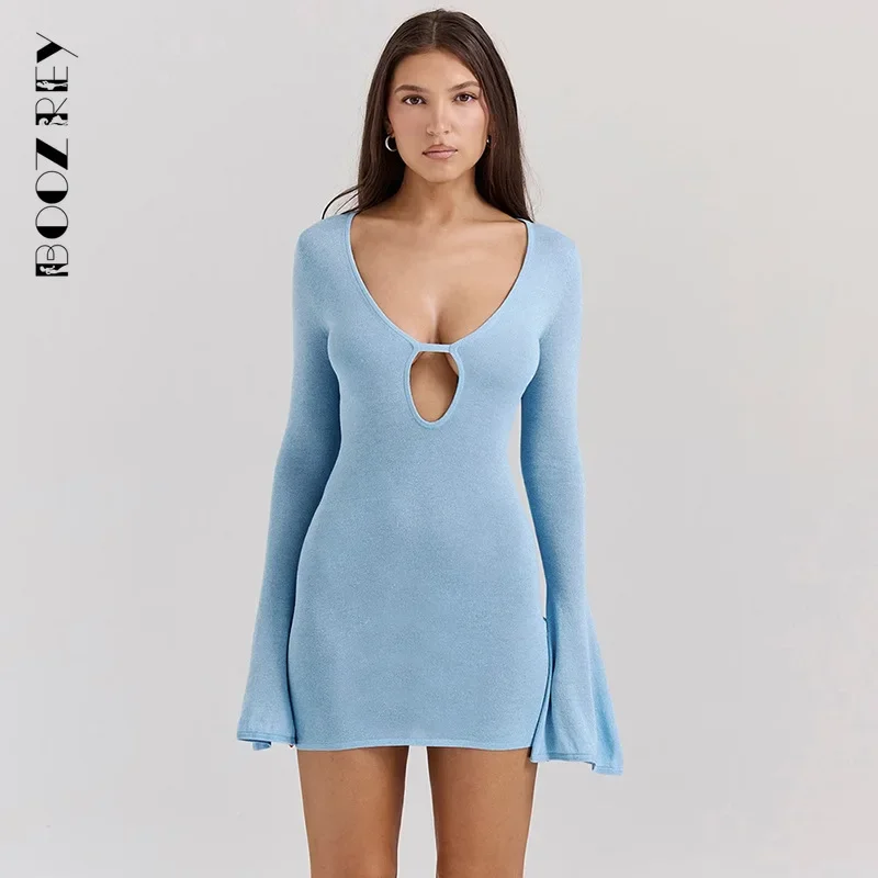 BoozRey-فستان نسائي طويل الأكمام مجوف ، فساتين سترة صغيرة ، قطع منخفض ، مثير ، نادي ، حفلة ، سهرة ، خريف