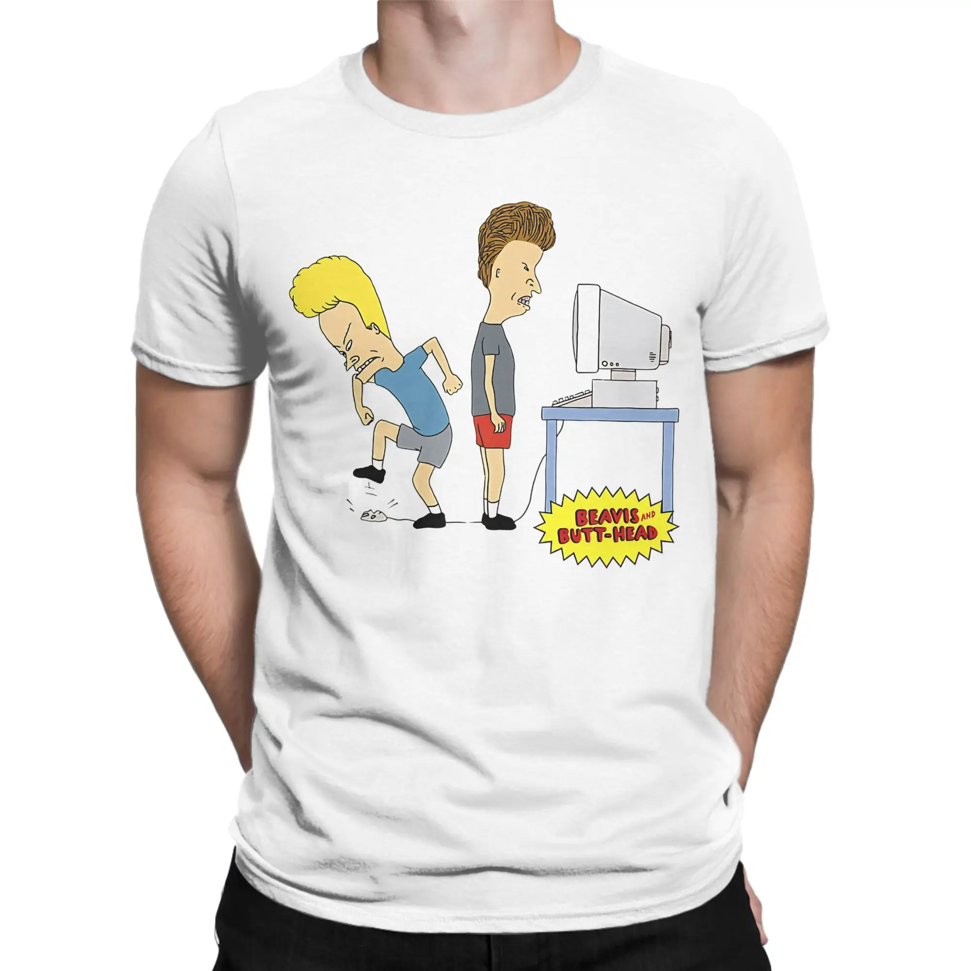 Harajuku Couple Beavis and Butthead  cannot use computer  T Shirt Men Cotton Short Sleeve  Round Neck Summer Clothes
