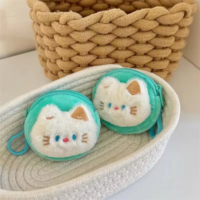 Plush Blue Eye Cat Coin Purse Cute Women's Zipper Wallet Earphone Storage Bag Keychain Pendant