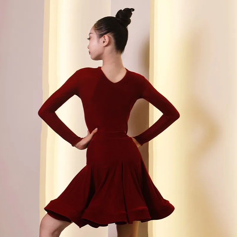 customized 2pcs Long sleeved tops Latin dance dress girls' professional national standards competition uniforms practice skirt