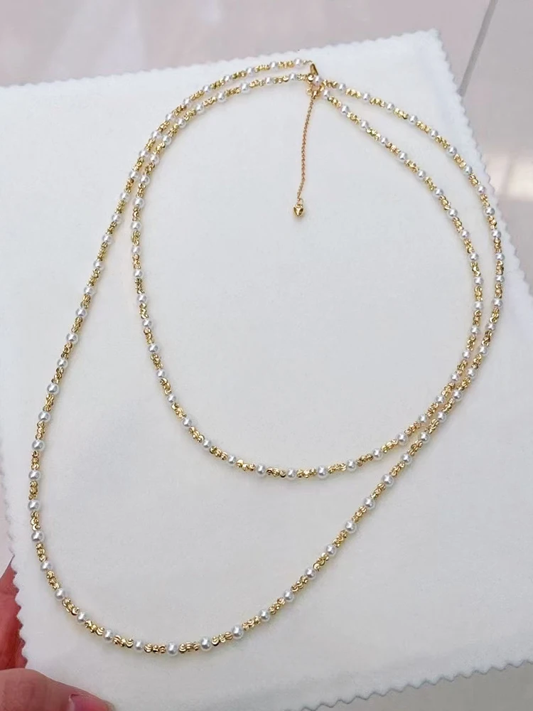 

Double-loop Long Sweater Chain for Autumn and Winter with 3-4mm Freshwater Akoya Pearls and 14K Gold-filled Laser-engraved Beads