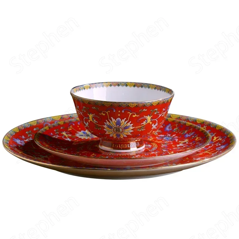 Enamel Red Ceramic Dinner Set Plates and Dishes Chinese Vintage Plates and Bowls Household Tableware Dinning Room Serving Tray