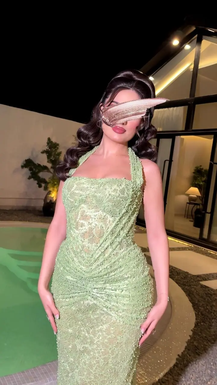 

Amanda Customized Light Green Halter Neck Beaded Mermaid Formal Evening Prom Dress vestidos de noche 2026 New Arrival Style