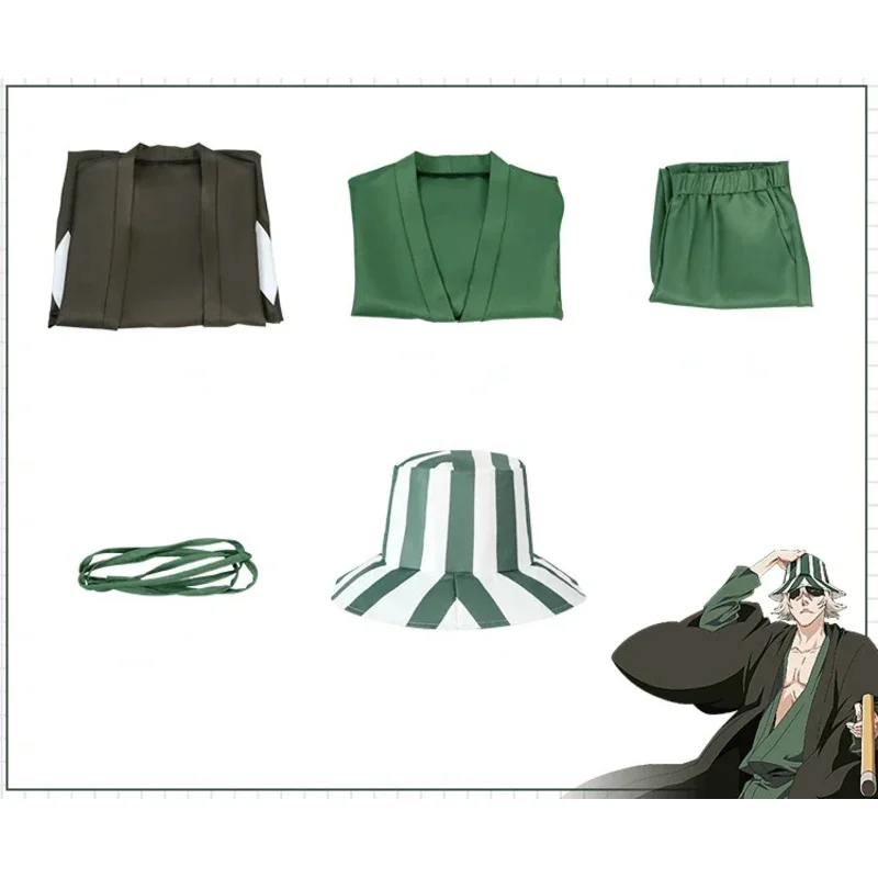 Urahara Kisuke Cospaly Anime Bleach Cosplay Aldult gris Kimono pantalones sombrero trajes Halloween carnaval fiesta disfraz;6,a'3.k;8,