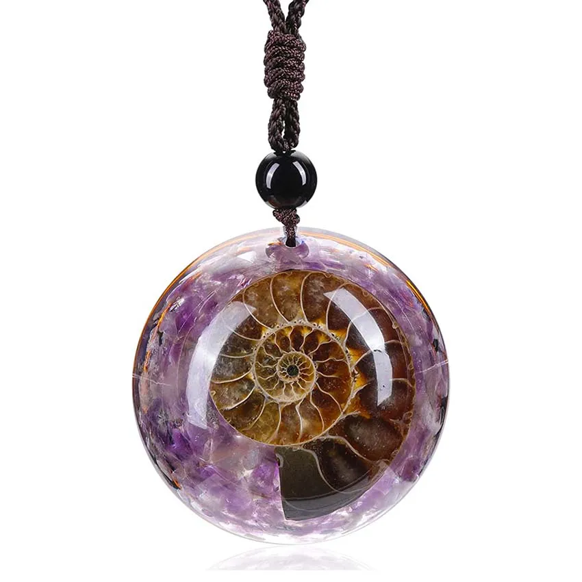 Natural Healing  7 Chakra Crystal Quartz Stone Pendant Necklace Adjustable Resin Ammonite Fossil Spiral Necklace Shield Jewelry