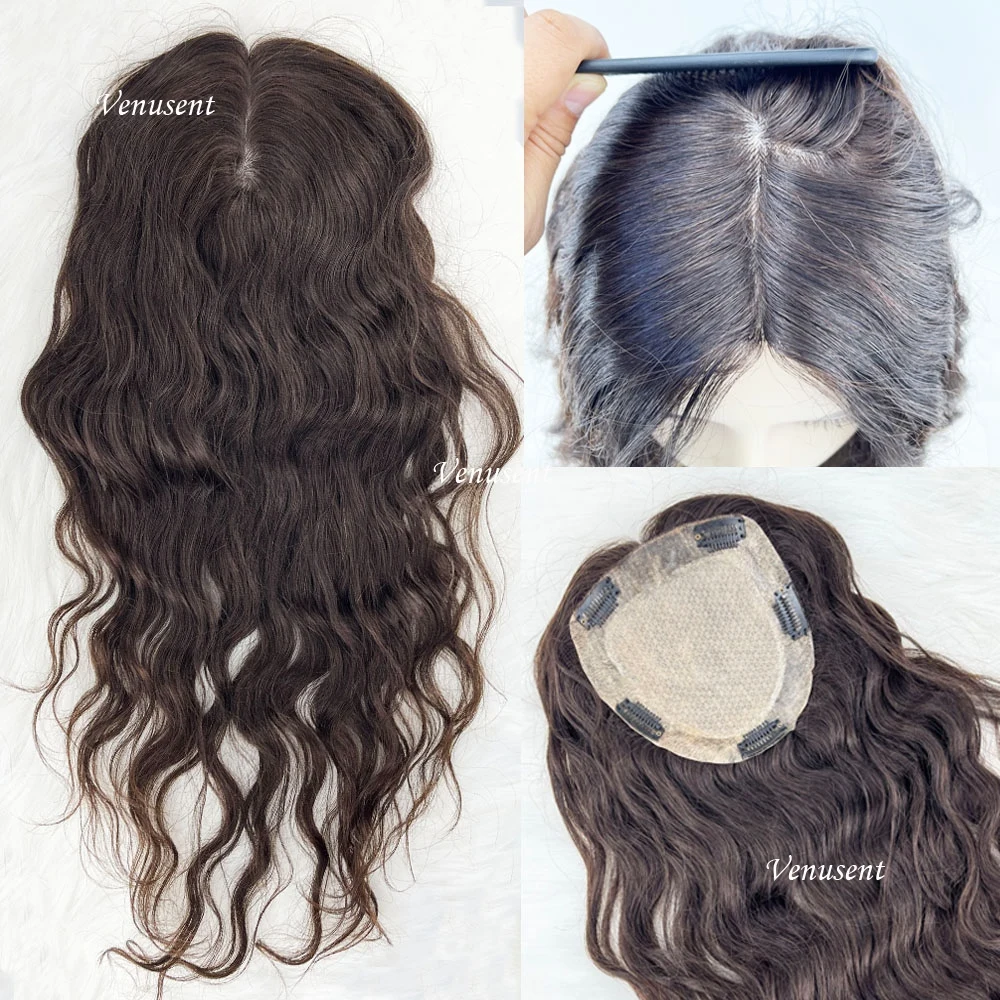 Dark Brown Silk Top Human Hair Topper with Clips In 12x13cm Virgin European Hair Piece Silk Base Wavy Toupee 2cm Pu for Women