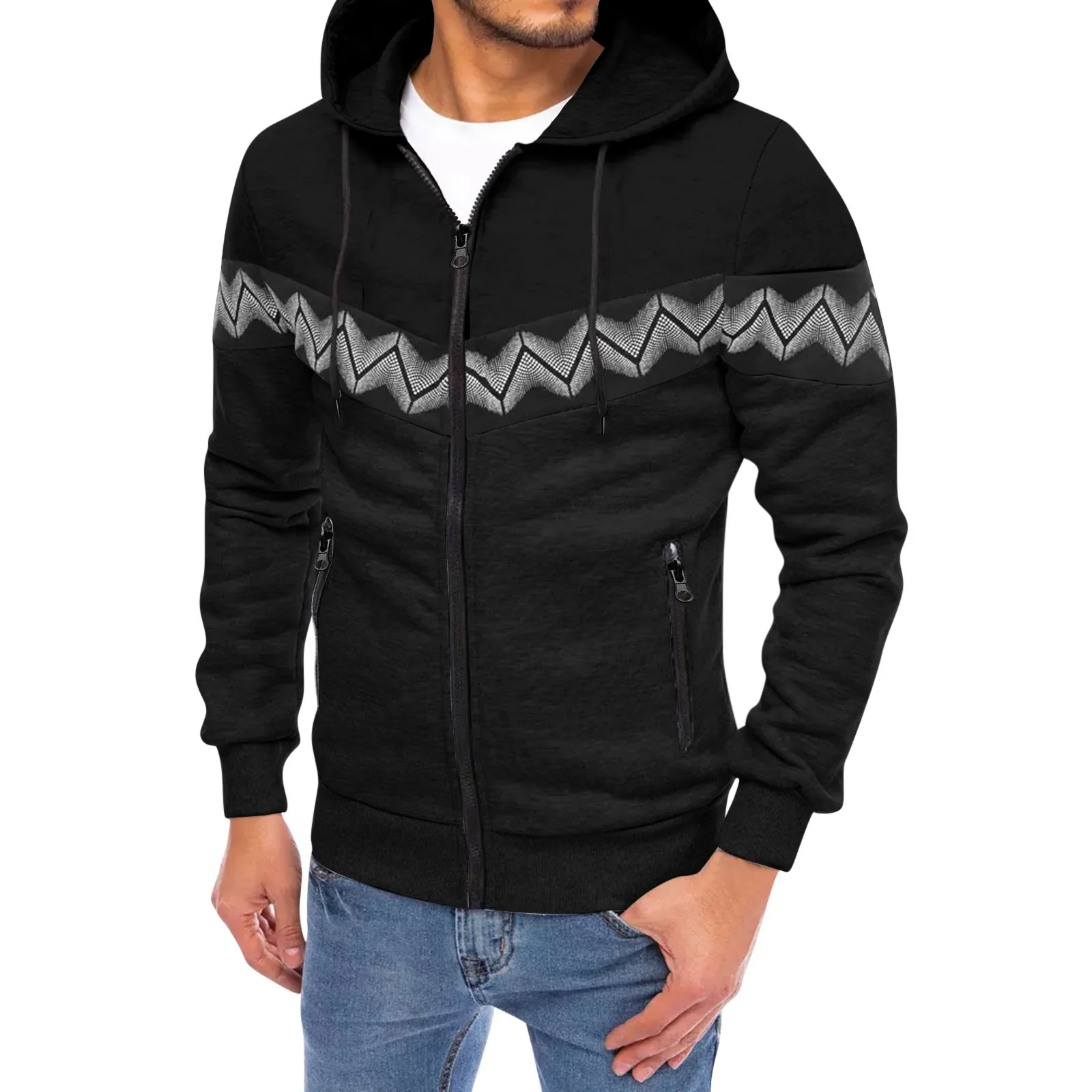 

Men Hoodie Warm Soft Jacket Coat Curve Print Long Sleeve Zipper Fleece Sweatshirt Hooded Jacket Sweater Tracksuit Sportswear