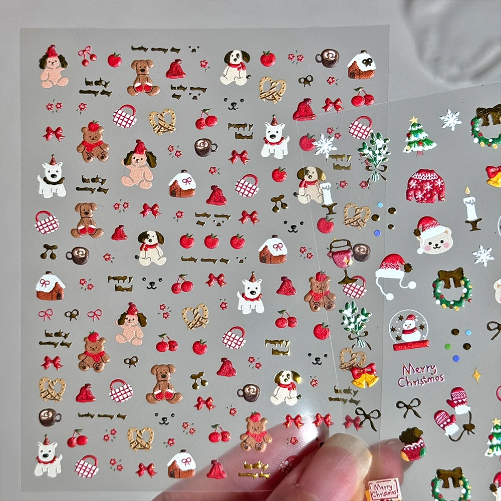 

5D Embossed Cute Christmas Nail Art Sticker Puppy Snowman Red Apple Gold Letters Nail Decals Cartoon Santa Claus Xmas Nail Decor