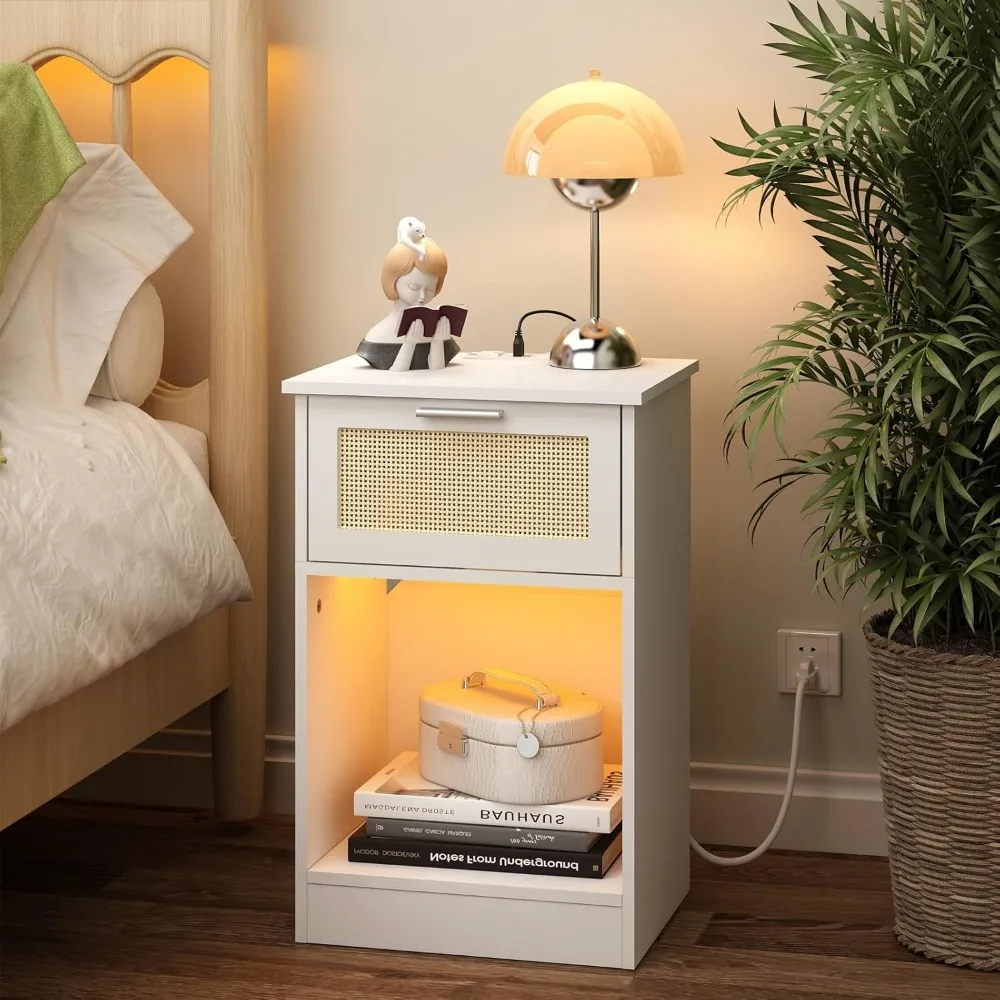 Bedroom Bedside Table Rattan Nightstand With Charging Station and LED Light Boho Side End Table With Open Storage for Bedroom