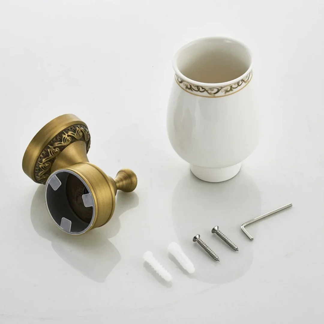 Wall Mounted Bathroom Tooth brush Holder Ceramic Wash Brush Cup Mouthwash Cup Antique Carved Brass Toothbrush Holder