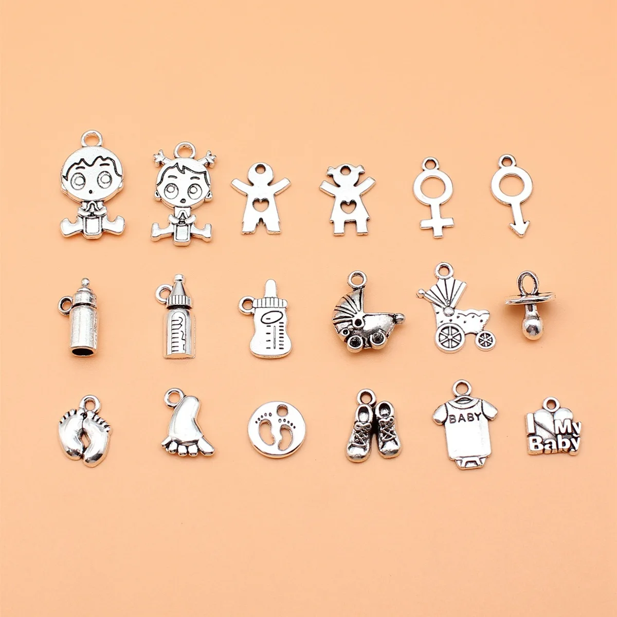 18pcs Antique Silver Color Baby Bottle Pacifier Stroller Feet Charms Collection For DIY Jewelry Making, 18 Styles, 1 of Each