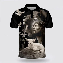 Christ Jesus 3D Printing Polo Shirt Man Summer Lapel Short Sleeve Oversized Top Casual Tee Loose Streetwear Button Up Shirts