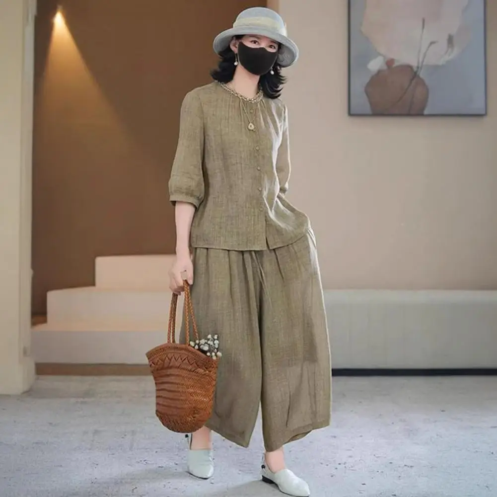 

Cotton Linen Women Suit Women’s Cotton Linen Two-piece Set Button-down Short Sleeve Top Wide Leg Pants Lounge Outfit