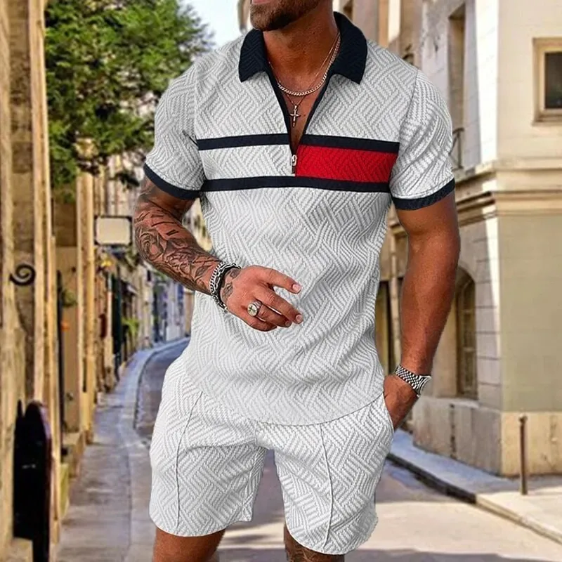 New Summer Men\'s Suit Trend 3D Printing Zipper Polo Shirt + Shorts Two Piece Set Soft Fashion Casual Men Clothing Tracksuit Set