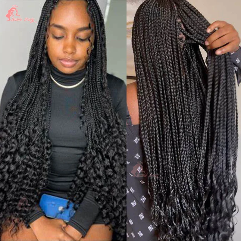 

24" Synthetic Full Lace Braided Wigs French Curly Knotless Box Braids Wig African Cornrow Braiding Lace Wigs For Black Women