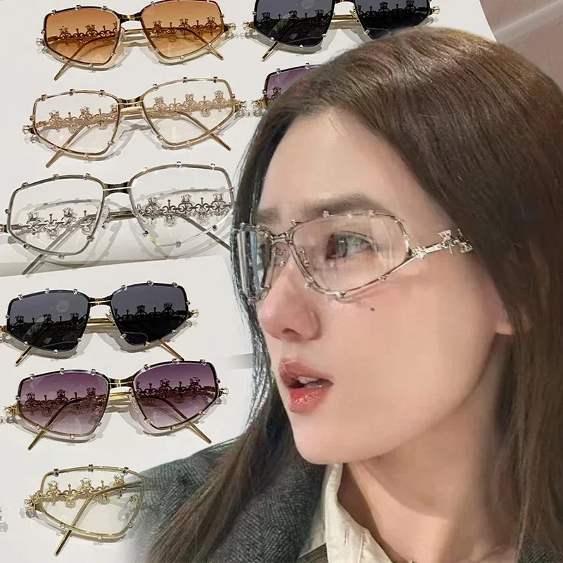 

Y2K Rhinestone frame Vintage eyeglasses Women Oversized Metal Glasses frame Men Clear Lens Glasses Gold Optical Spectacle