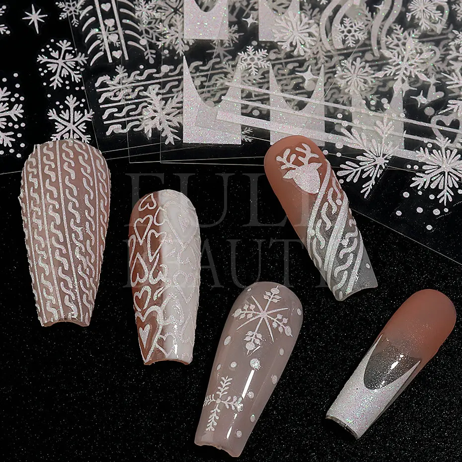 Glitter Christmas 3D Nails Stickers Snowflakes Xmas Elk Winter Snow Sliders Shiny Powder Design Heart French Nail Decals LS-J21