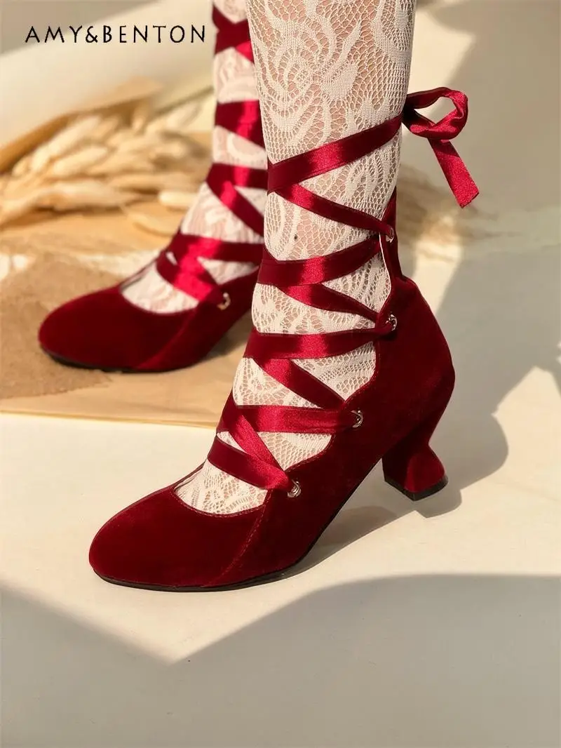 

Waltz Elegant Princess High Heels Japanese Sweet Medium Heel Round Head Women Shoes Ballet Style Lolita Cross Lace-up Shoes