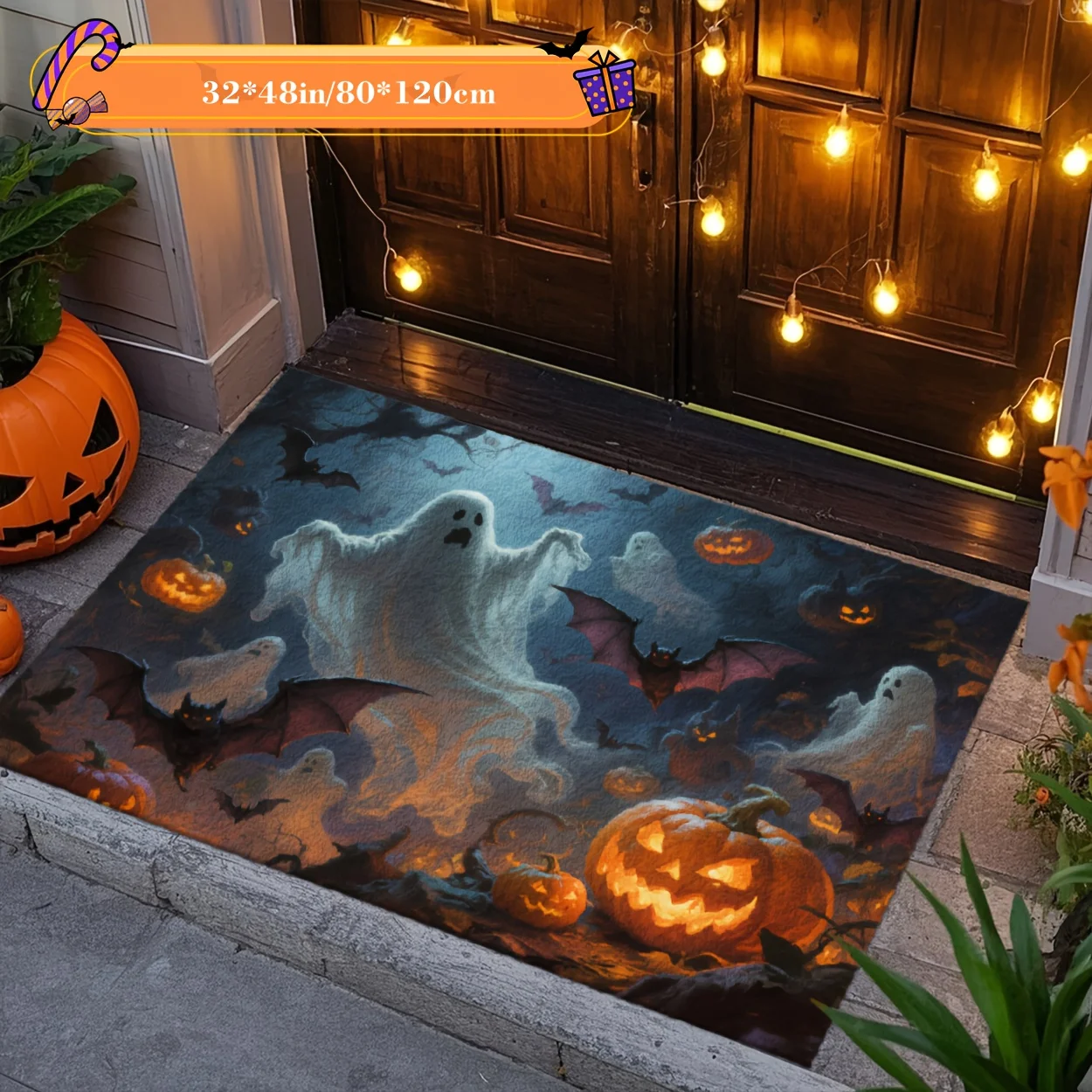 1pc 2D Flat Halloween Ghost Bat Pumpkin Lantern Printed Floor Mat, Decorative Rug for Living Room, Bedroom, Home