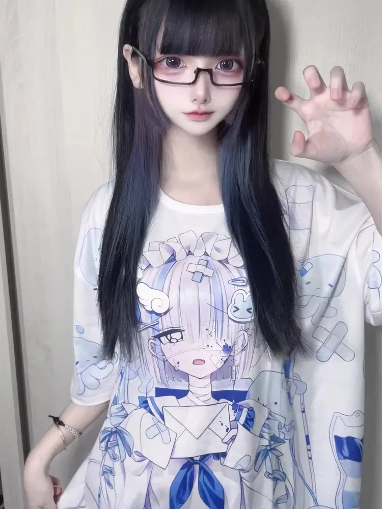 Women Casual Short Sleeve Tee Japanese Y2K Dark Style Cartoon Nurse Character And Sea Creature Print O-Neck Oversized Top Kids