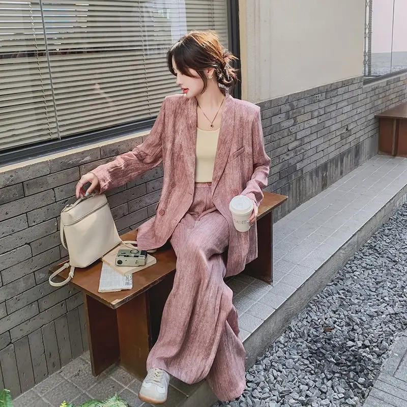 

Pink Suit Set Women, Spring and Autumn Commuting Professional Outfit, High-End Sense, Elegant, Youthful, Casual Wide-Leg Pan