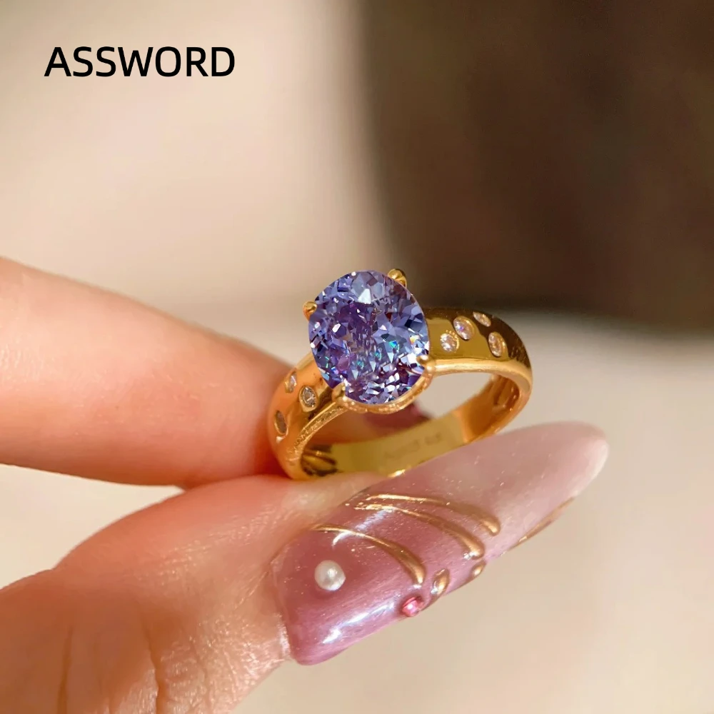 925 Sterling Silber Vergoldeter Ovaler Lila Moissanit-Ring Vintage Dickes Band mit Seitensteinen Eingelegter Ring für Damen Schmuck Geschenk – Detail 6