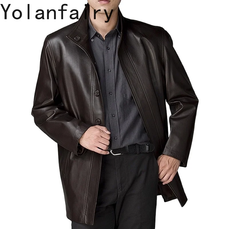 

YOLANFAIRY High Quality Real Sheepskin Men Leather Jacket Autumn Winter Mid-long Leather Trench Coat Genuine Leather Jackets Man