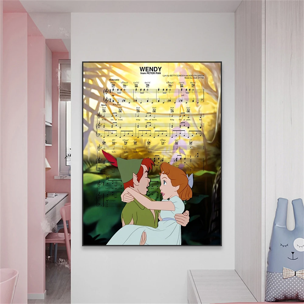 Impresiones de arte de pared de Disney Peter Pan Wendy, arte de pared de partituras, póster colorido abstracto de Disney, pintura en lienzo, decoración del hogar y dormitorio