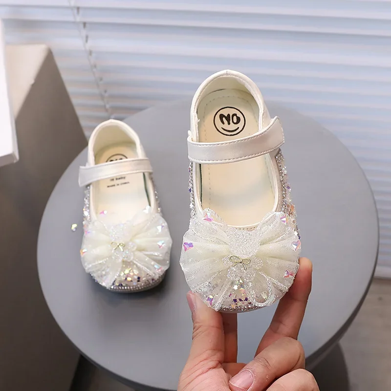 Girls Dress Shoes with Star Sequins Kids Leather Shoes Princess Style 2024 Fashion Elegant New Children Flat Shoes with Mesh Bow