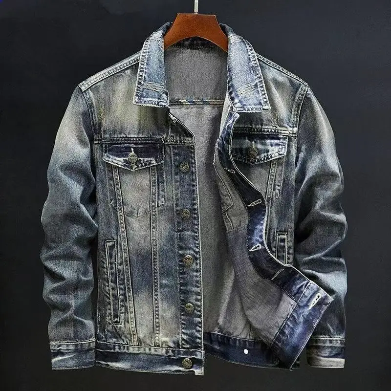 

Autumn Men Korean Fashion Motorcycle Denim Jacket Versatile Casual Retro Turn Collar Jean Coat Outerwear Slim Fit Men's Clothing