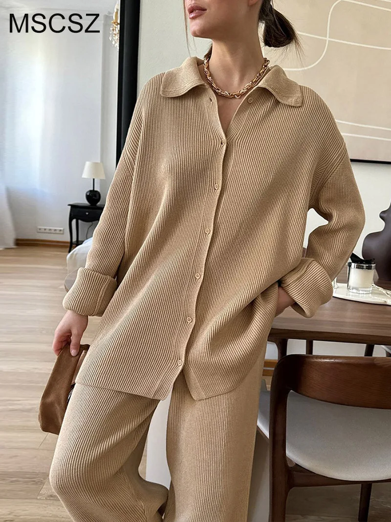 

MSCSZ 2 Piece Sweater Pants Set For Women Button-Up Knitted Cardigan And Straight Trousers Matching Sets Fall Winter Outfit