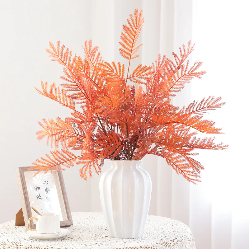

Single Branch Autumn Mimosas with Fern Leaves Artificial Green Plants Plastic Flowers Outdoor Floral Arrangement Wedding Decor