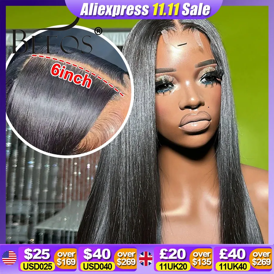 BEEOS Jet Black 2x6 HD Lace Closure Wig Pre Bleached Straight Glueless Wig Human Hair Ready To Wear Pre Plucked Human Hair Wigs