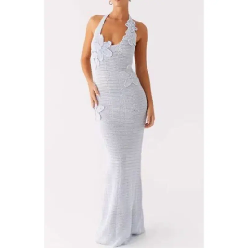 Combhasaki Women Lace-up Halter Round Neck Sleeveless 3D Flower Decor Knit Hollow Out Bodycon Backless Straight Tank Long Dress