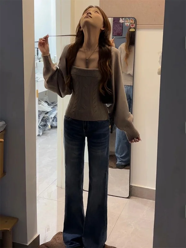 

Модный корейский комплект из вязаного топа и юбки: облегающий крой, длинные рукава, рукава-фонарики, женский вязаный костюм из двух предметов.