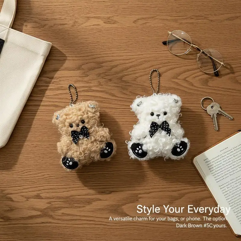 Kawaii Curly Plush Bear Keychain Cartoon Soft Stuffed Doll Pendant Backpack Handbag Hanging Decoration Couple Keyring Gifts
