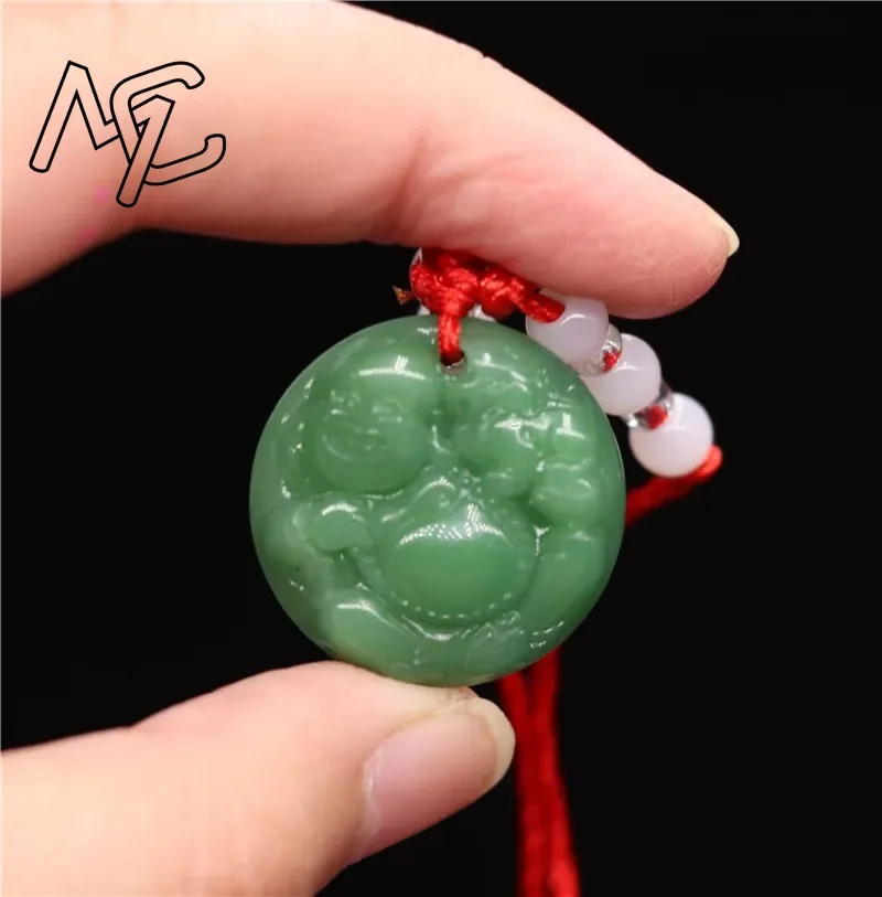 Chinese Green Jade Double faced Laughing Buddha Pendant Necklace Jewellery Hand-Carved Relax Healing Women Man Luck Gifts Amulet