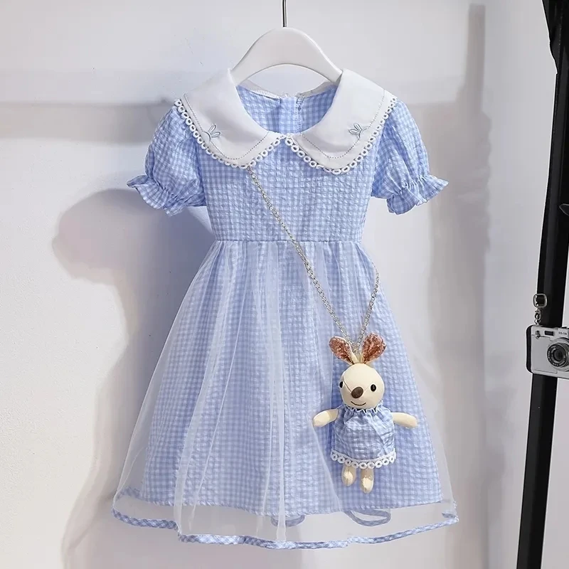 Sommer Mädchen Kurzarm Kleid niedlichen Puppen kragen A-Linie Kleider lose Kinder Plaid Print Vestidos süße Prinzessin rosa Vestido